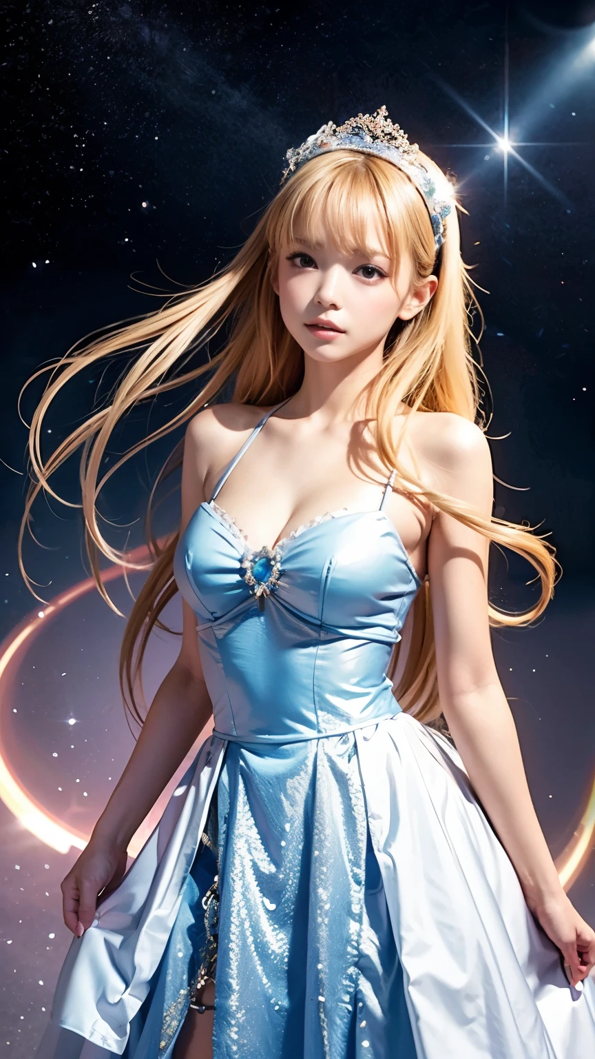 4K Ultra HD, masterpiece, A girl with a magical aura, Nice face, Long Hair, Shiny Hair, Detailed eyes, Glossy Lips, Blue ta Costume, Aura around the body, Magical Effects, Spreading white light, Cosmic elements and ethereal atmosphere, A mix of bright lights and colorful nebulae, Space Background, Perfect body,