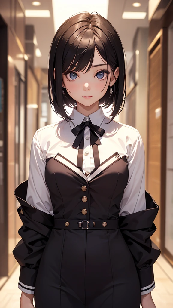 ((masterpiece)), (Highest quality))),Highest quality, Full body portrait, Delicate face, Beautiful Face, Big eyes, (非常に繊細でBeautiful Face), (Beautiful eyes in every detail),25-year-old female, The body is slim, Mid-chest, OL Uniform, Women&#39;s White Collar Uniform, Office Uniforms, Black Stockings,Office Room, Are standing, Long Hair,