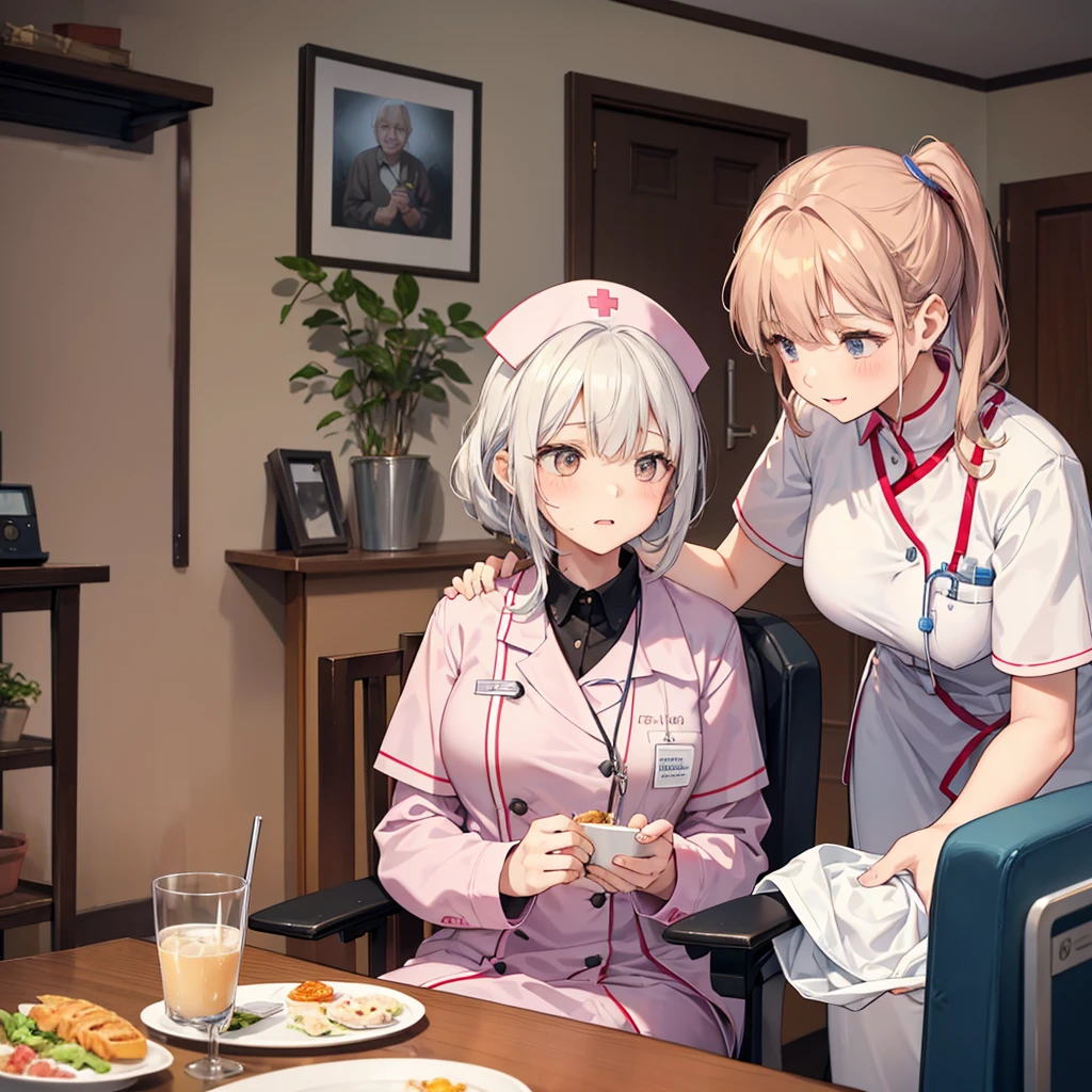 nurse aide,girl,care,for the elderly,Girl caring for an elderly person, Nursing home operations, A girl helping an elderly person to eat.