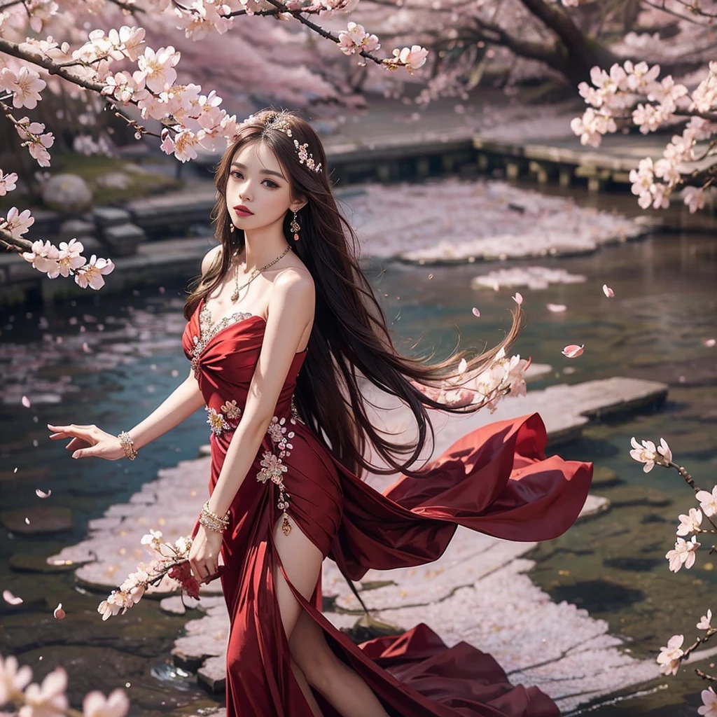 4K, Ultra HD, masterpiece, 1 girl, (Good face:1.4), Delicate eyes, Very long hair, Princess dress, (Red Dress:1.5), (Bare waist:1.2), (Wearing Jewelry:1.5), (Cherry blossoms:1.5), (Blooming Effect:1.5), Detailed fantasy art, Stunning character art, Beautiful and exquisite character art, beautiful, Extremely detailed, Intricate headpieces and jewellery, Perfect body, Look directly at the audience, Attractive pose,