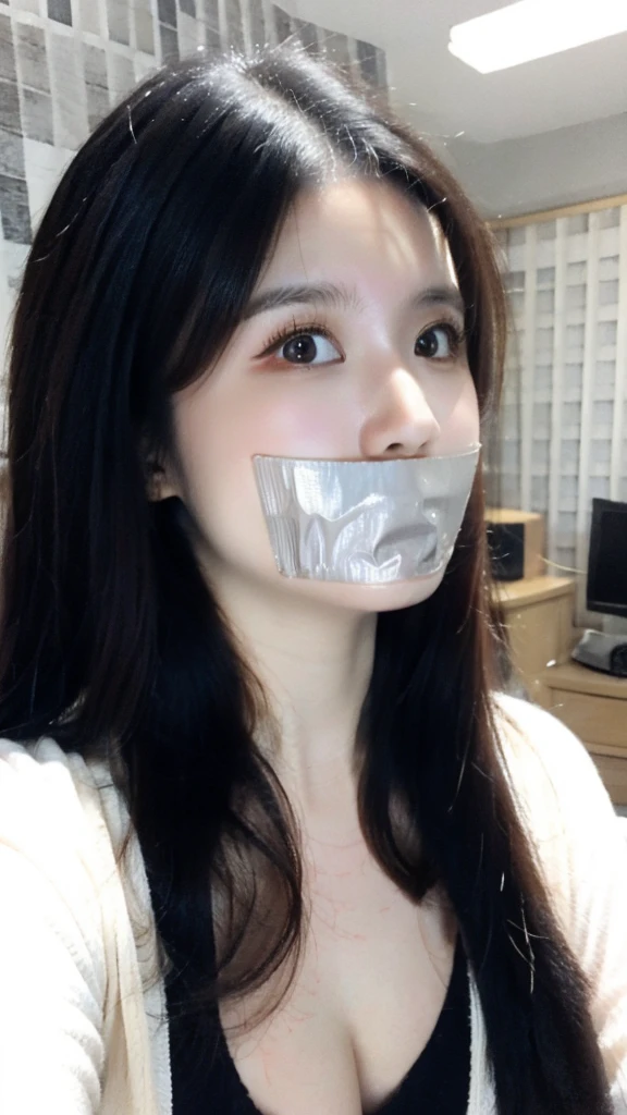 tape gag, 1girl, solo, gagged ultra high res, ultra-detailed, 8k uhd, dslr, soft lighting, high quality, (film grain), Fujifilm XT3, bedroom