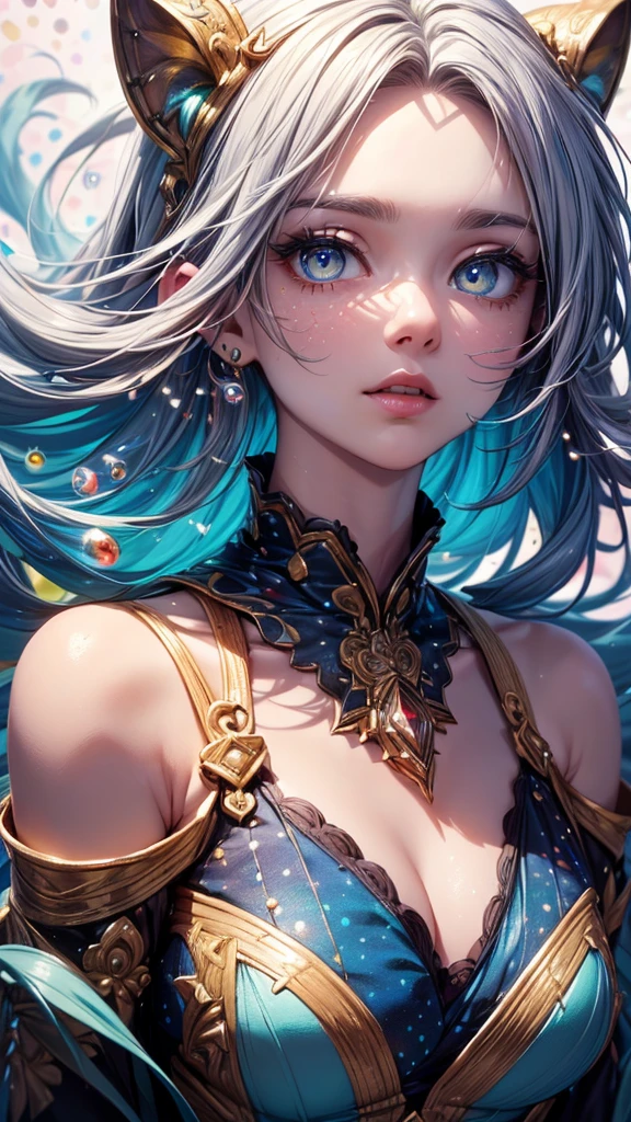 (((masterpiece))),(((Highest quality))),((Very detailed)),(figure),(Dynamic Angle), ((floating)),(paint),((Disheveled Hair)), (alone),(One girl), ((small_chest)), (((Detailed anima face))),((Beautifully detailed face)),collar,Exposing shoulders,  Gray Hair, ((Colorful Hair)),((Striped Hair)), Beautiful attention to detail,(Gradient color eyes),(((Colorful eyes))), (((Colorful background))),(((High saturation))),(((Surrounded by colorful splashes))),(((Surrounded by colorful dots))),Colorful Bubbles,((The Shining))