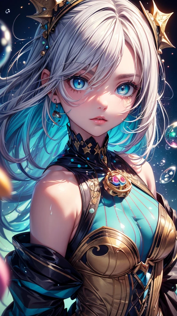 (((masterpiece))),(((Highest quality))),((Very detailed)),(figure),(Dynamic Angle), ((floating)),(paint),((Disheveled Hair)), (alone),(One girl), ((small_chest)), (((Detailed anima face))),((Beautifully detailed face)),collar,Exposing shoulders, Gray Hair, ((Colorful Hair)),((Striped Hair)), Beautiful attention to detail,(Gradient color eyes),(((Colorful eyes))), (((Colorful background))),(((High saturation))),(((Surrounded by colorful splashes))),(((Surrounded by colorful dots))),Colorful Bubbles,((The Shining))