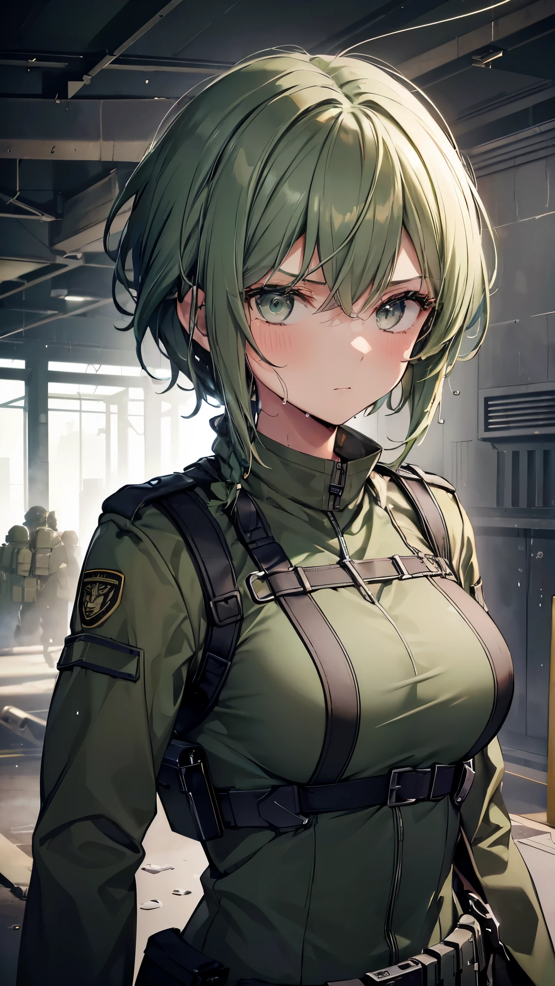 High resolution,high resolution,Girl,(Unshaven,Braiding,Dark green hair,Short Hair,),Grey Eyes,Slanted Eyes,Bad mood,Brown skin,boyish,slender,Military Suits,Soldier,battlefield,trench,Dog Tags,Helmet,Large Breasts,Wet with sweat,bandage,Face down,