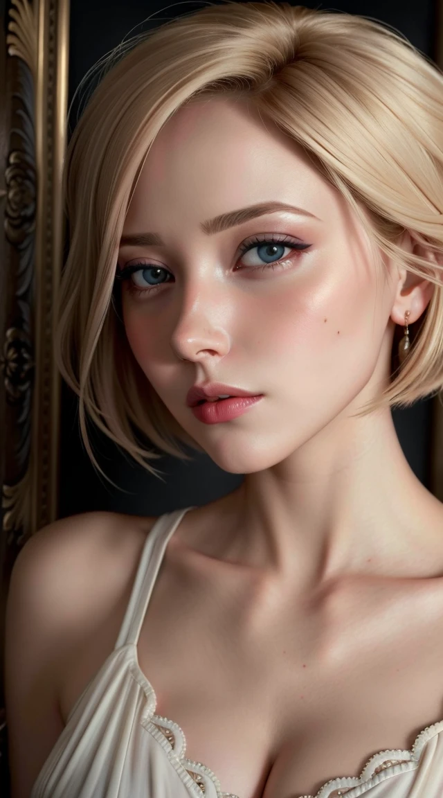 Hot mom, sexy, ((Masterpiece, best quality)), detailed skin, highly detailed, cinematic lighting, ultra realistic, blush, looking at viewer, with short blonde hair. Her hair is straight and elegantly styled, falling softly to chin length, portrait, , making blowjob