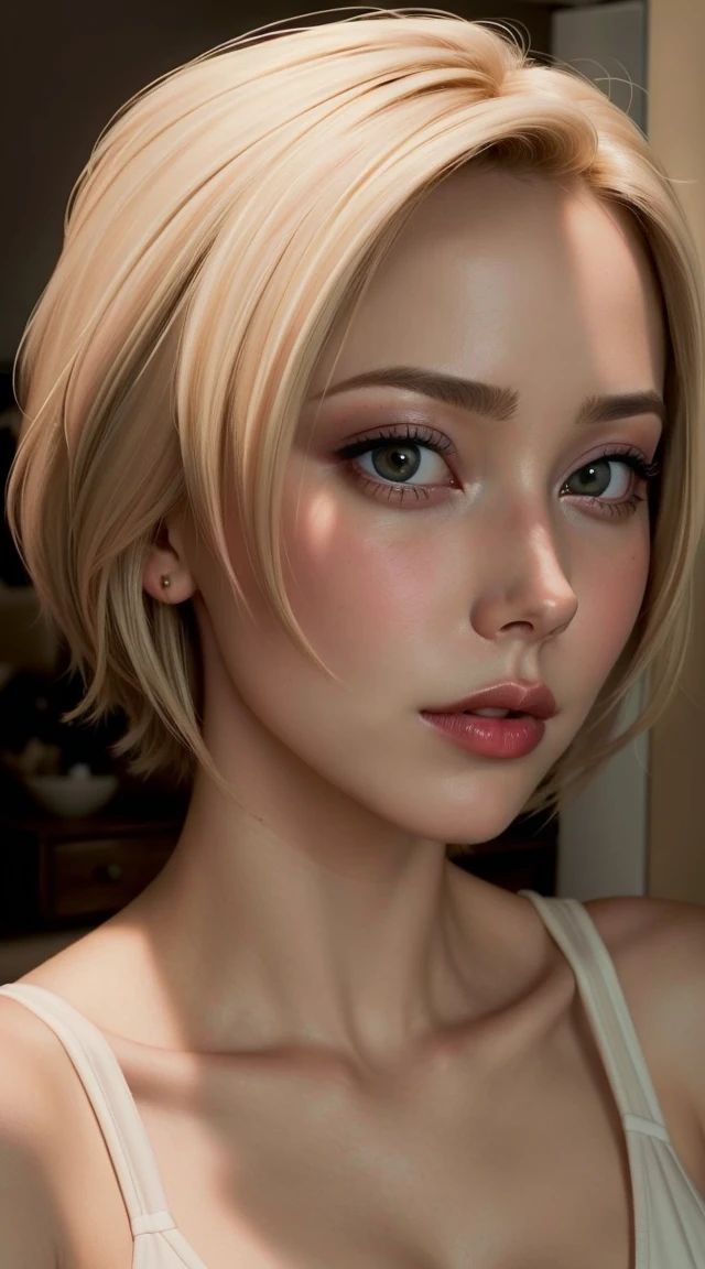 Hot mom, sexy, ((Masterpiece, best quality)), detailed skin, highly detailed, cinematic lighting, ultra realistic, blush, looking at viewer, with short blonde hair. Her hair is straight and elegantly styled, falling softly to chin length, portrait, , making blowjob