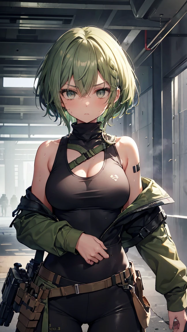 High resolution,high resolution,Girl,(Unshaven,Braiding,Dark green hair,Short Hair,),Grey Eyes,Slanted Eyes,Bad mood,Brown skin,boyish,slender,Military Suits,Soldier,battlefield,trench,Dog Tags,Helmet,Large Breasts,Wet with sweat,bandage,Tank top,