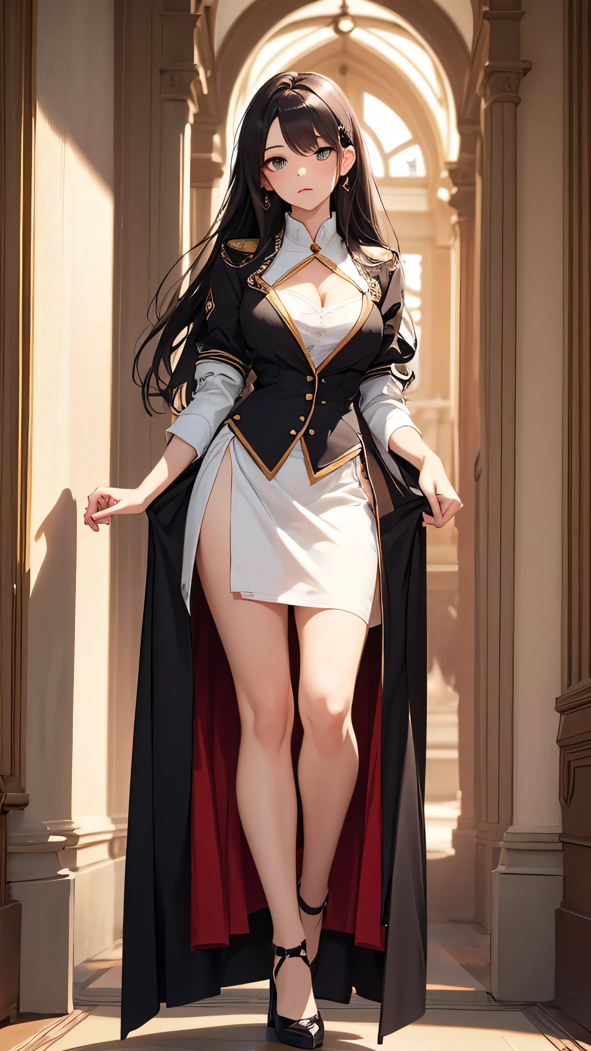 ((masterpiece)), (Highest quality))),Highest quality, Full body portrait, Delicate face, Beautiful Face, Big eyes, (Very delicate and beautiful face), (Beautiful eyes in every detail),25-year-old female, The body is slim, Mid-chest, OL Uniform, Women's White Collar Uniform, Office Uniforms, Black Stockings,Office Room, Are standing, Long Hair,