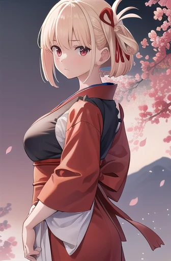 They haven&#39;t even toned it down, Nishikigi chisato, short hair, bangs, Blonde, (Red eyes:1.5), Hair Ribbon, One side up, Bobcut,
break japanese clothes, kimono, apron, Red ribbon, waitress, red kimono,
break outdoors, Athletics,
break looking at viewer, break (masterpiece:1.2), Highest quality, High resolution, unity 8k wallpaper, (figure:0.8), (Beautiful attention to detail:1.6), Highly detailed face, Perfect lighting, Highly detailed CG, (Perfect hands, Perfect Anatomy),Large Breasts