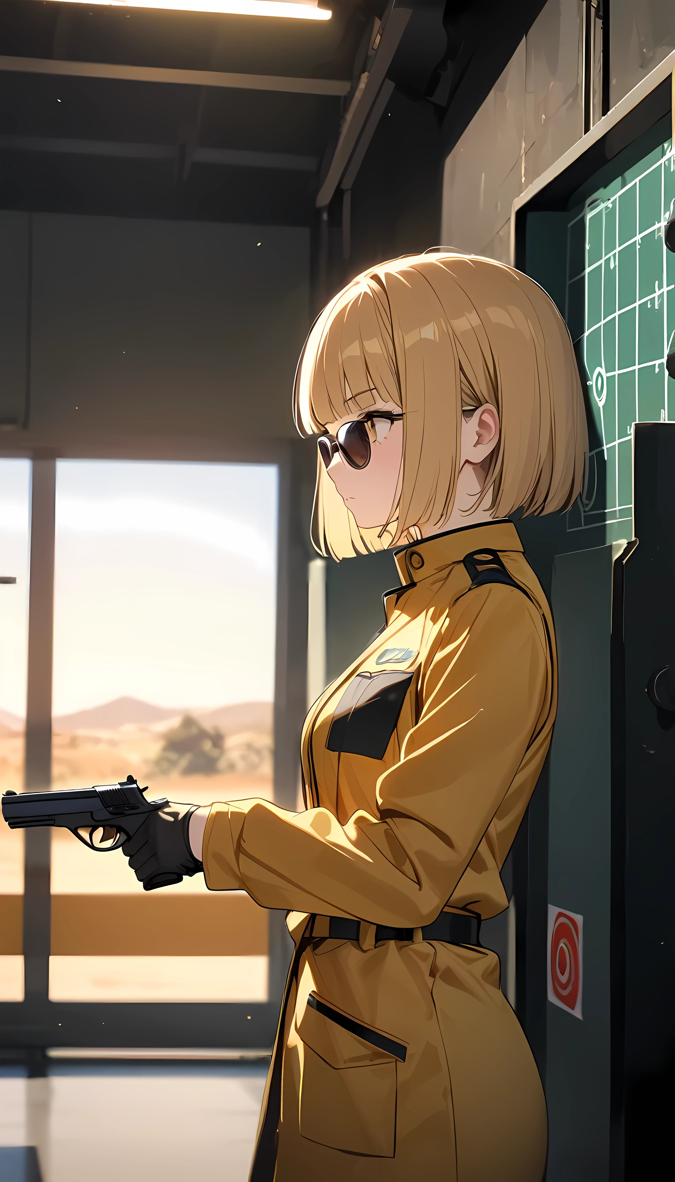 (1 girl),(Best Picture Quality, 8K, Masterpiece:1.3), (Middle school students:1.5), ((yellow beige lob hair:1.1)), (bob cut),(blunt bangs:1.3), (cute eyes, pupil black, iris orange, youthful face),(standard weight), (small breasts), (glistening skin:1.2),(pale skin:1.2),(serious:1.3),BREAK,(Shooting:1.2),(target board), (indoor Shooting room), (shooting uniform),(shoot a gun:1.3), (holding a gun), (pointing a gun), (wear sunglasses), (standing),(magnificent view), ((looking ahead:1.3), (from side:1.3),((extreme close up)).