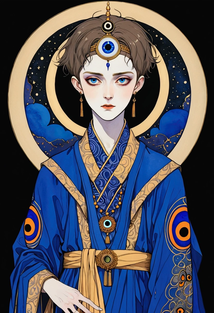 (((Harry Clark (Harry Clarke) style,圣地亚哥·卡鲁索style)))，Watercolor,(((The third eye on the forehead。short hair，3d，robe)))，Wide Angle，Black and blue，Solid color background