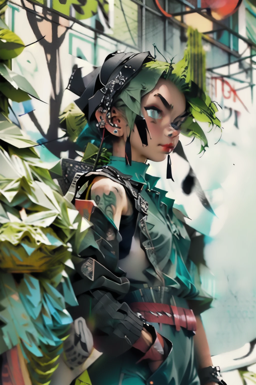 Bulbasaur as a girl,Green hair and gothic clothing