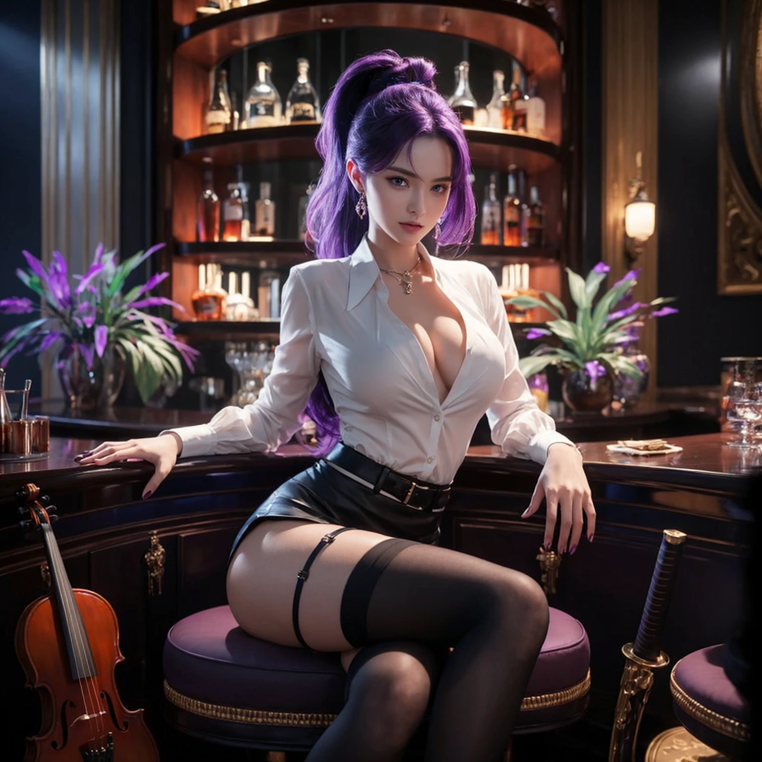 Create an ultra-realistic, high-definition image of a confident and alluring woman with striking purple hair and violet eyes sitting in a luxurious, dimly-lit bar. She is wearing a white blouse, a black skirt, and black thigh-high stockings. The setting is elegant, featuring a well-stocked bar with an array of bottles and vibrant plants. The atmosphere includes a violin and a katana, adding a sophisticated yet mysterious touch. The soft, ambient light highlights the rich colors and intricate details of both the woman and her surroundings, creating a truly captivating scene. Ensure the image is photorealistic, capturing the textures and lighting accurately.