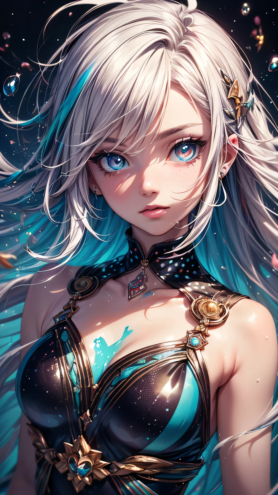 (((masterpiece))),(((Highest quality))),((Very detailed)),(figure),(Dynamic Angle), ((floating)),(paint),((Disheveled Hair)), (alone),(One girl), ((small_chest)), (((Detailed anima face))),((Beautifully detailed face)),collar,Exposing shoulders, Gray Hair, ((Colorful Hair)),((Striped Hair)), Beautiful attention to detail,(Gradient color eyes),(((Colorful eyes))), (((Colorful background))),(((High saturation))),(((Surrounded by colorful splashes))),(((Surrounded by colorful dots))),Colorful Bubbles,((The Shining))