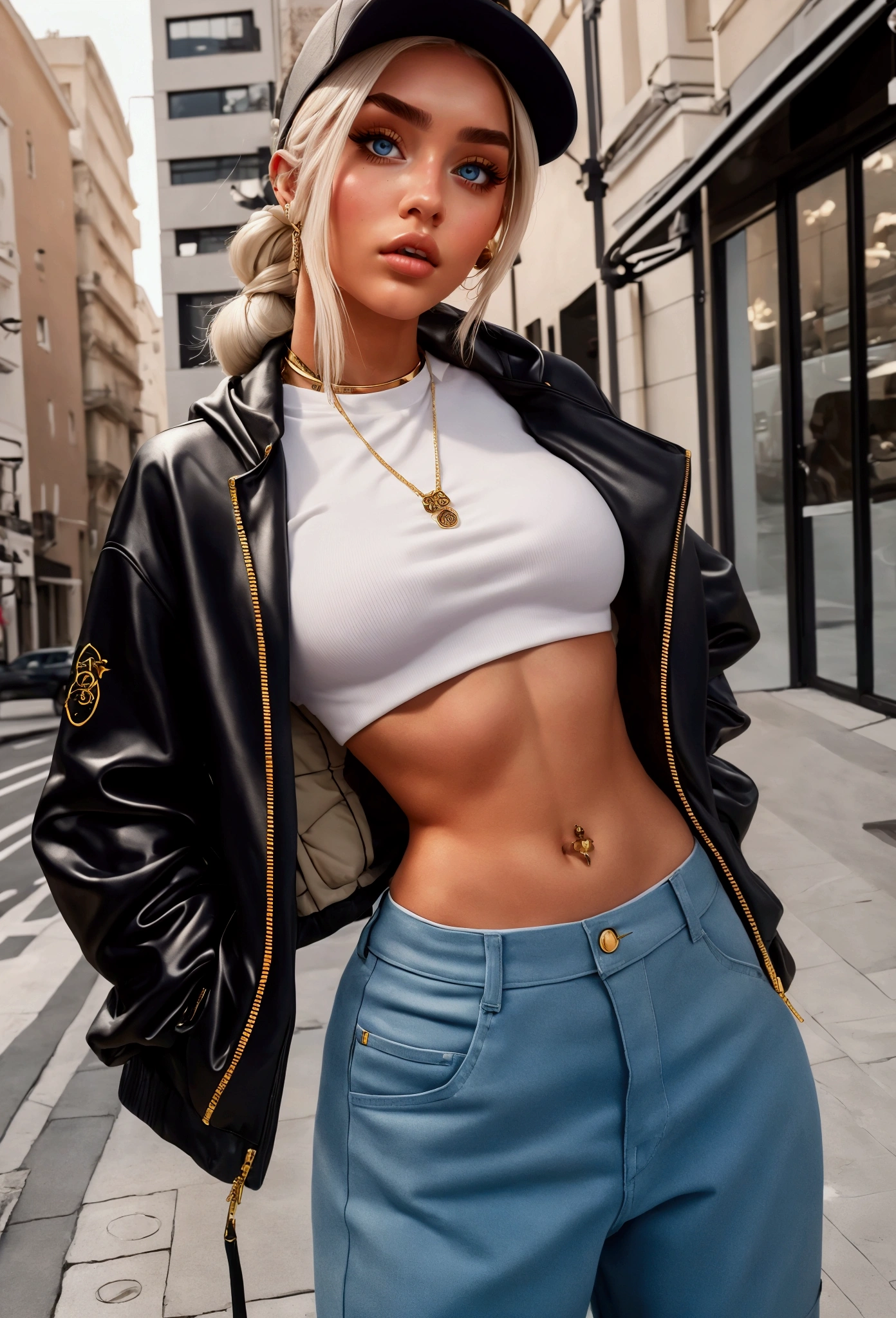 Beautiful streetwear style instagram influencer , beautiful , Hyperrealista, 22 years , impeccable figure, anatomically perfect body