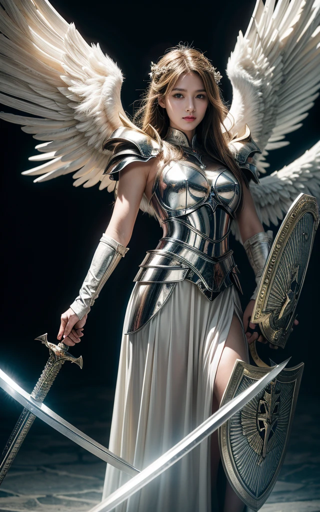 A powerful angel in heavenly armor, Sword with shield, Seven wings, Be prepared for battle