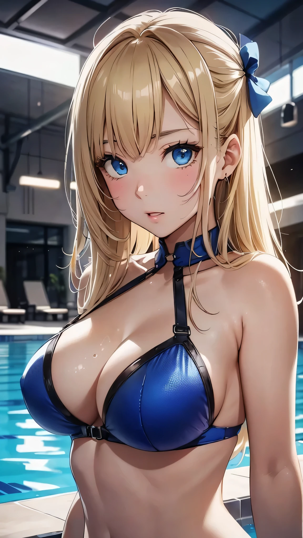 最high quality、Best image quality、masterpiece、With a girl((cute、、Best Bust、Medium Bust、Beautiful Blue Eyes、Spread your chest wide,blonde、thin、Highest Valley、Blue tattered bikini,Show your whole body、Blue Mesh,swim,Embarrassed face、shame、Random Pause))high quality、Beautiful art、background((night、Daylight Saving Time、Pool facilitieany people々々、Leisure facilities)),Tabletop、Exquisite design、Visual Arts、Written boundary depth、Best lighting、Highest detail、8k