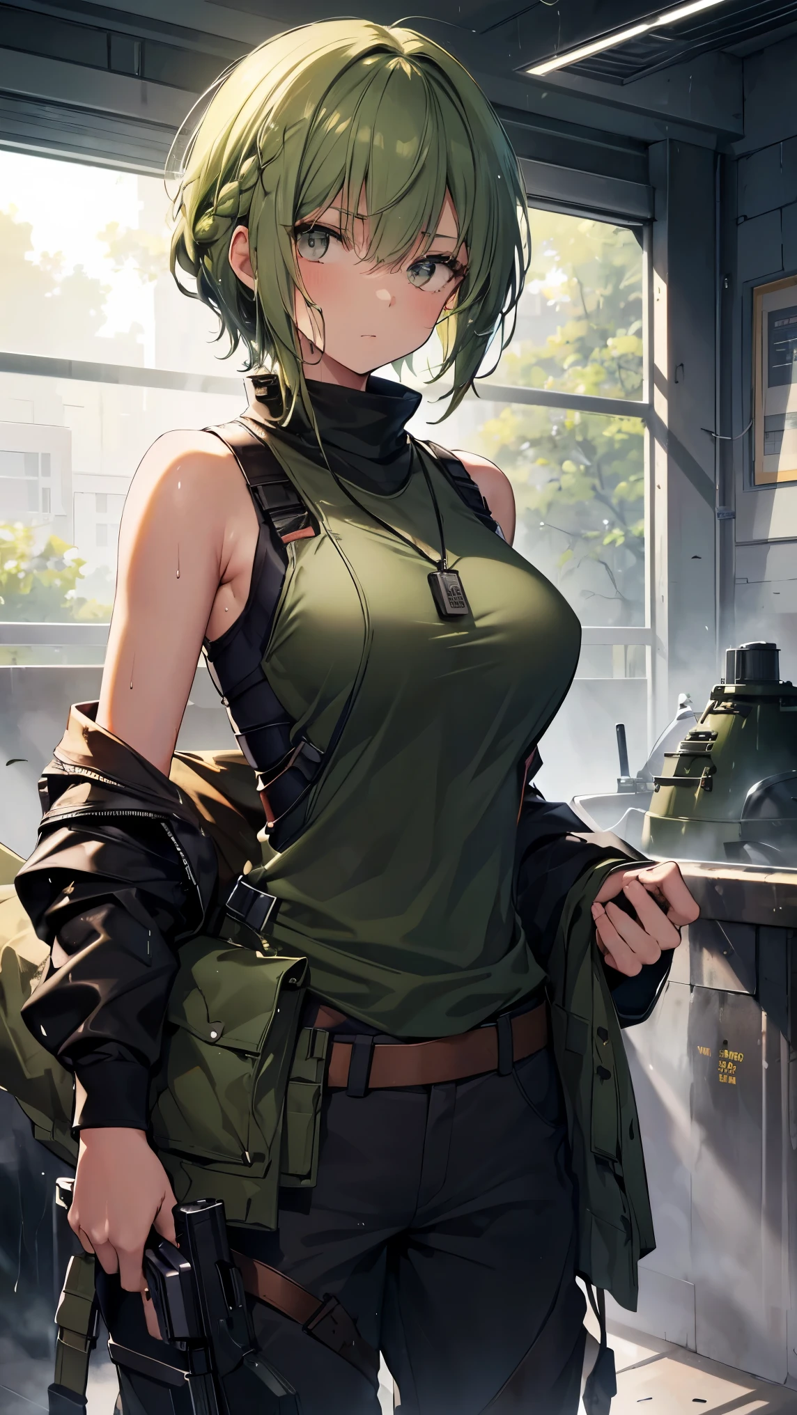 High resolution,high resolution,Girl,(Unshaven,Braiding,Dark green hair,Short Hair,),Grey Eyes,Slanted Eyes,Bad mood,Brown skin,boyish,slender,Military Suits,Soldier,battlefield,trench,Dog Tags,Helmet,Large Breasts,Wet with sweat,bandage,Tank top,