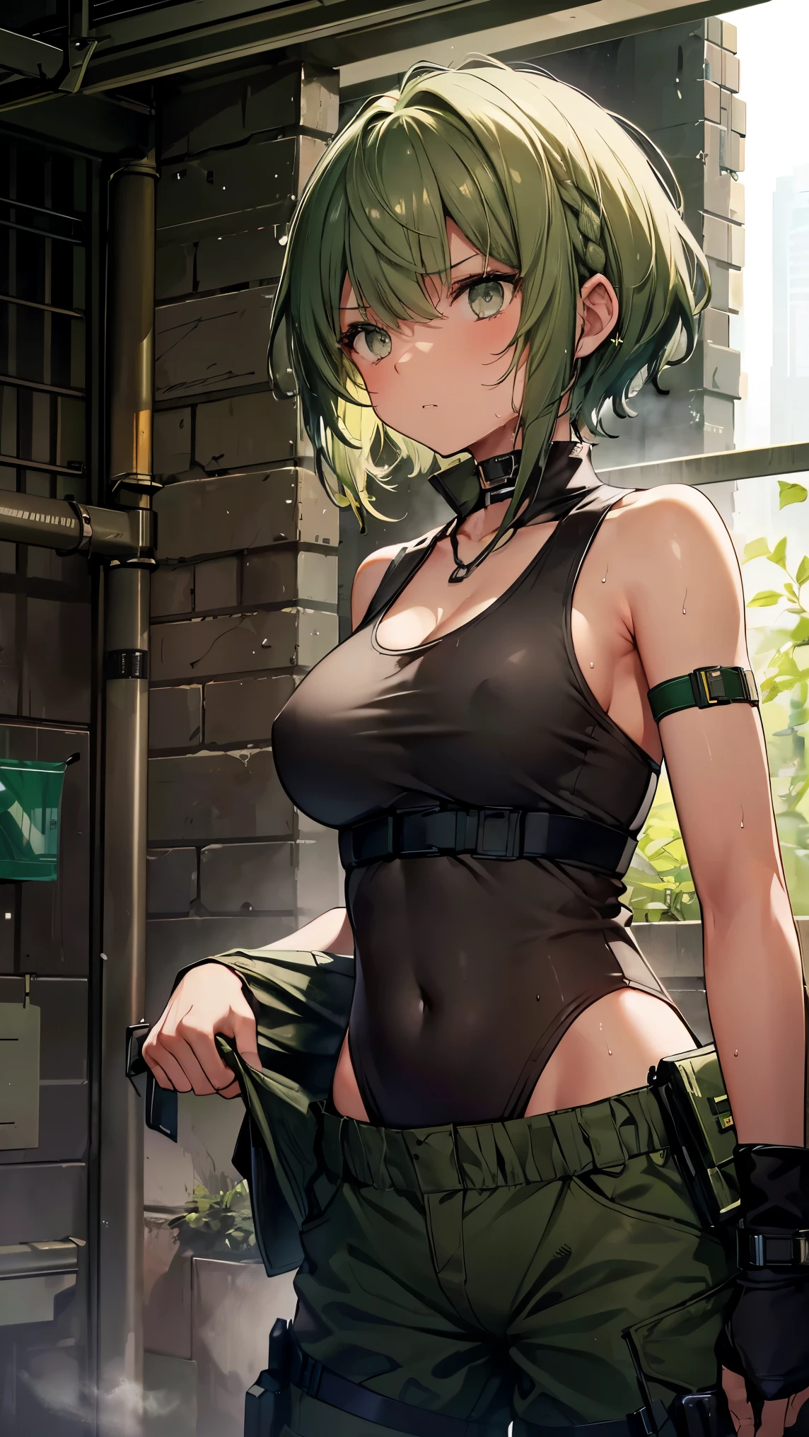 High resolution,high resolution,Girl,(Unshaven,Braiding,Dark green hair,Short Hair,),Grey Eyes,Slanted Eyes,Bad mood,Brown skin,boyish,slender,Military Suits,Soldier,battlefield,trench,Dog Tags,Helmet,Large Breasts,Wet with sweat,bandage,Tank top,