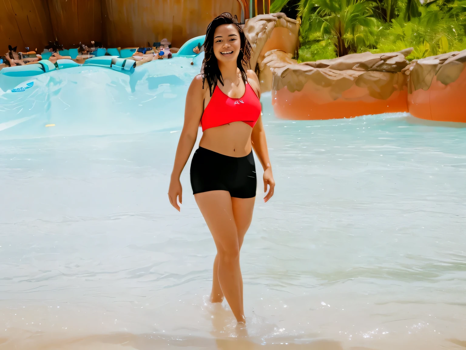 there is a woman walking in the water at a water park, in water! up to shoulders, uhd candid photo of dirty, water park, in the water, she is walking on a river, is wearing a swimsuit, vacation photo, wearing two - piece swimsuit, stands in a pool of water, wearing red shorts, wearing spandex bikini, in water