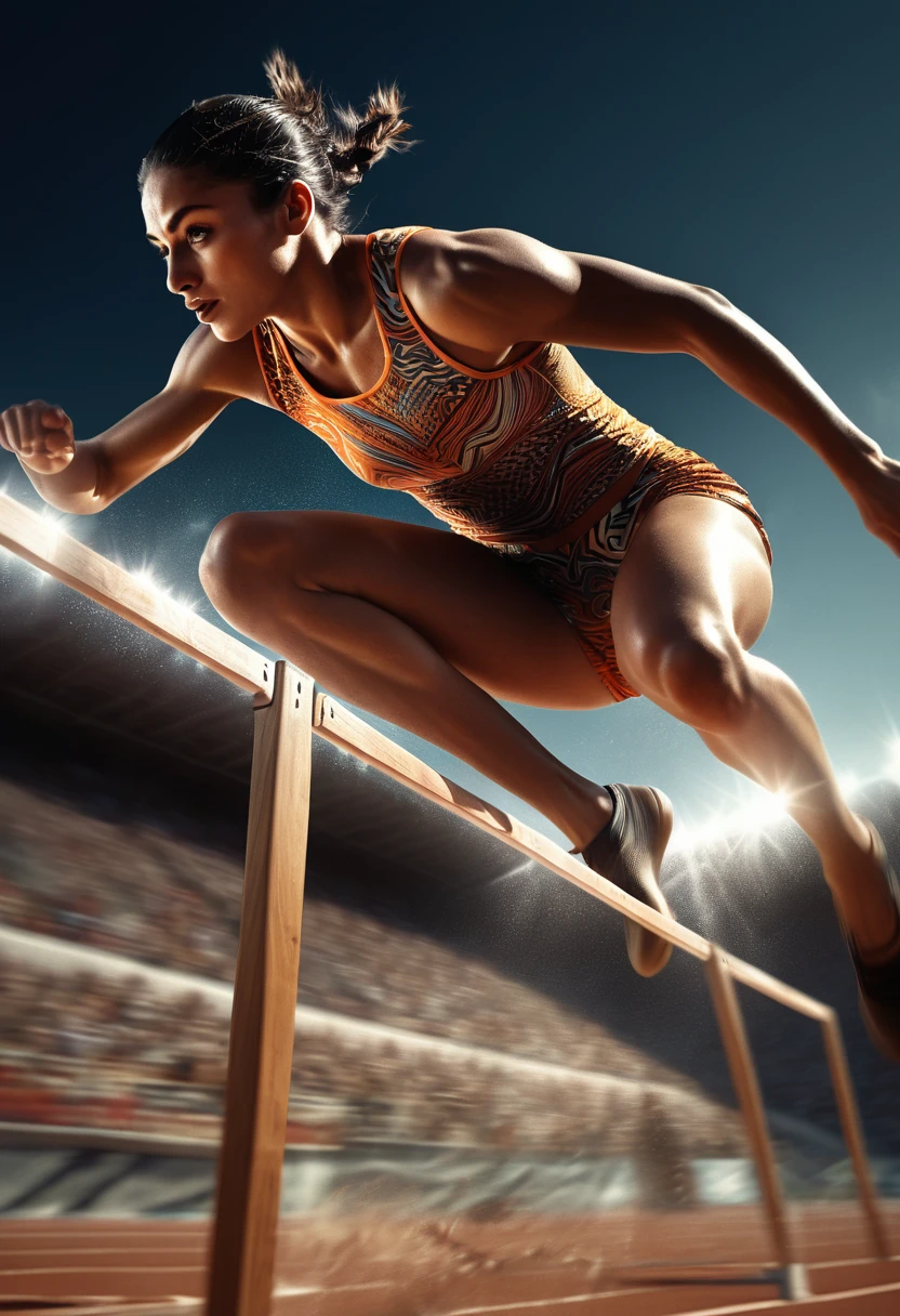 photoillustration of under exposure, an ancient Olympic athletes hurdles jump((jumping 1.8)(hurdles:1.2)), seamless, light up eyes, texture and pattern, transparency effect, iconic jumping stance, hurdles, dramatic shadows, blurred edges, slow shutter speed motion photography, shot on FufjiFilm XT4 camera f/2. ISO 200 dramatic lights, interlacing elements, front view, forward view, view from below, fantasy art, two tones, digital manipulated photo art, hyper-realistic, ultra-detailed, crisp clarity, high-contrast, luminous ambiance, rich textures, intricate patterns, vivid colors, cinematic lighting, photo realistic, accurate anatomical proportions, light background, 
