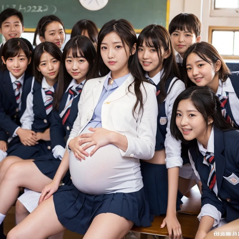 Pregnant women,Wearing a sailor uniform,let me&#39;Let&#39;s line up and take a group photo,Precise five fingers,Many pregnant women,All are pregnant,Detailed face,I can see your belly,Accurate navel,classroom