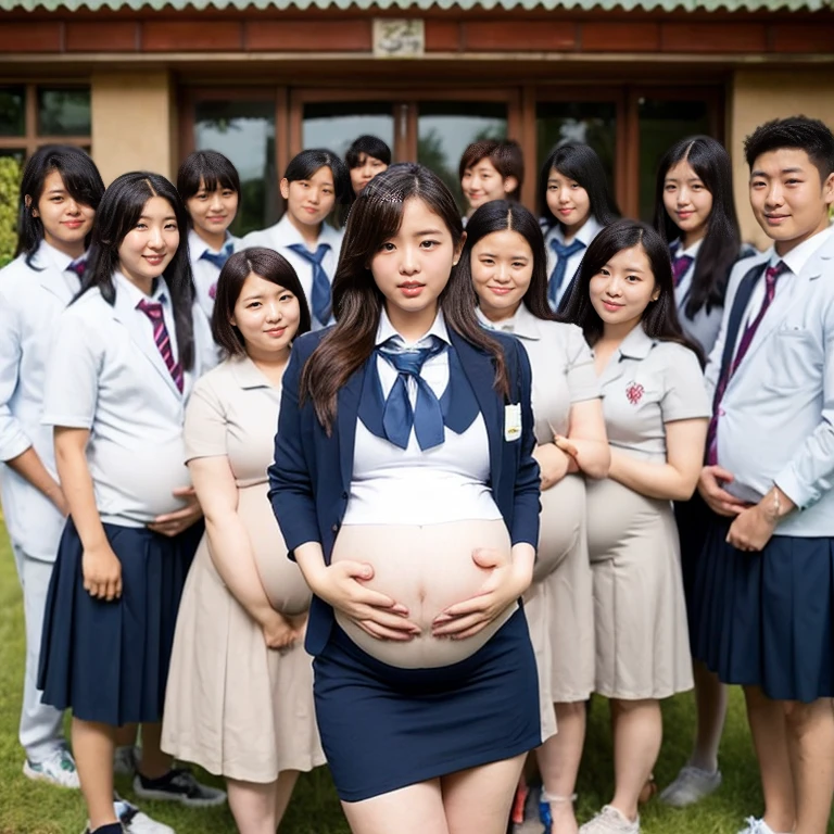 (top-quality、masutepiece、8K、Top image quality), (Line up and take a group photo:1.2)、(Group photo of 20 pregnant high school girls in the classroom:1.5)、(All high school girls are pregnant:1.1)、High School Sailor School Uniform、White sailor suit with short sleeves、Red ribbons、navy pleats skirt、Everyone wears the same sailor suit、accurate and perfect sailor suit、Good left-right balance、the best smile when you look at me、ultra detailed beautiful face