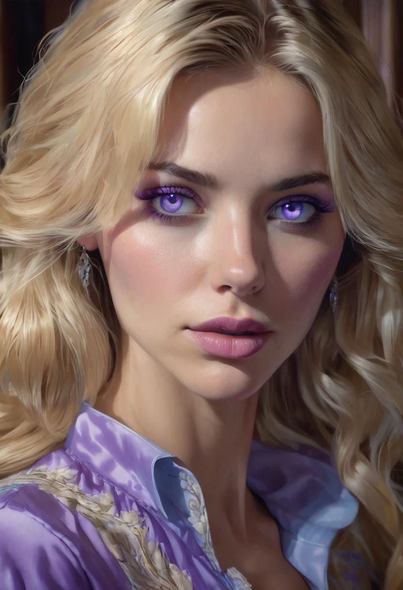 1 woman, inside a wooden mansion, wearing a low-cut purple blouse, detailed facial features, detailed light blue female eyes, detailed light skin, Long light blonde hair with a strand falling over one eye., Soft lighting, Serious expression on his face, cold cinematic composition, dark atmosphere, serious face, beautiful, delicate chin, beautiful and sensual woman, 25 years.(Best Quality, 4k, 8k, High resolution, until: 1.2), ultra detailed, (realist, photorealist, photorealist: 1.37)
