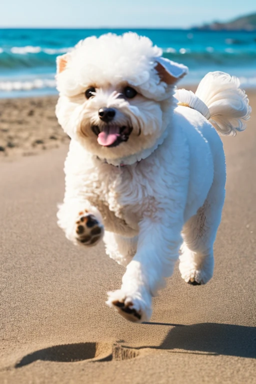 Fluffy Bichon Frise、Sunny Beach、Running towards me, leaping