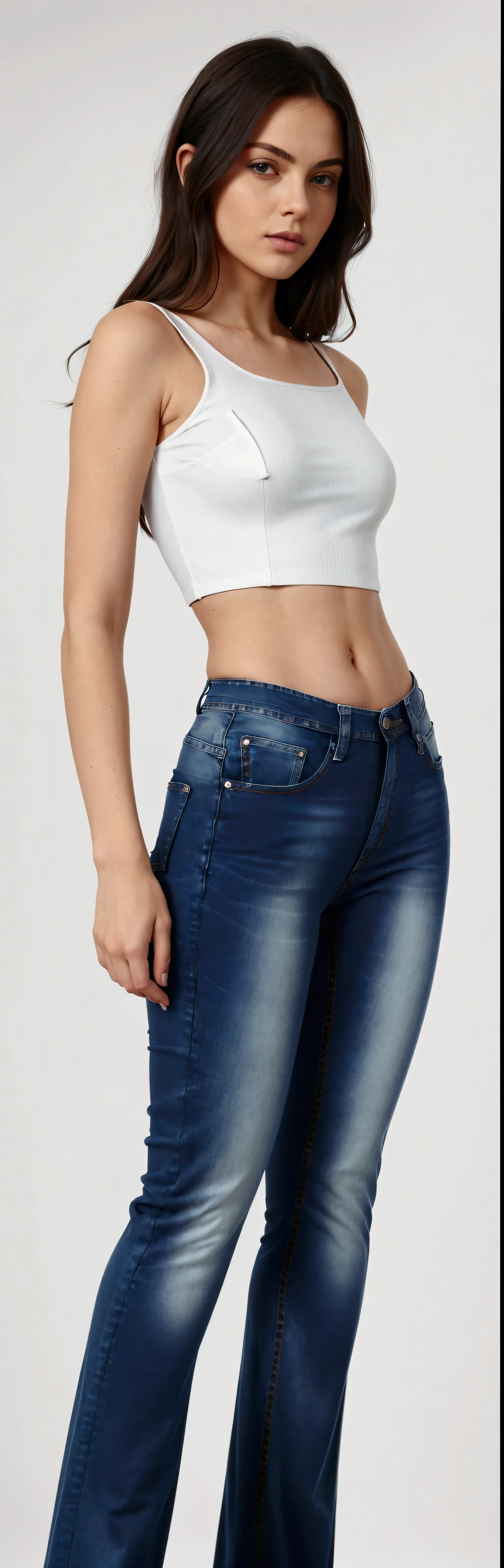 a woman in a basic white top and jeans posing for a photo, jeans, wearing pants, ( ( ( wearing pants ) ) ), Waist slender, blue jeans, jeans, jeans, Waist slender, exposed waist, denim trousers, shot from the middle of the waist up, with two front pockets, dark blue jeans, Waist slender e quadris grossos, with a Waist slender, small waist