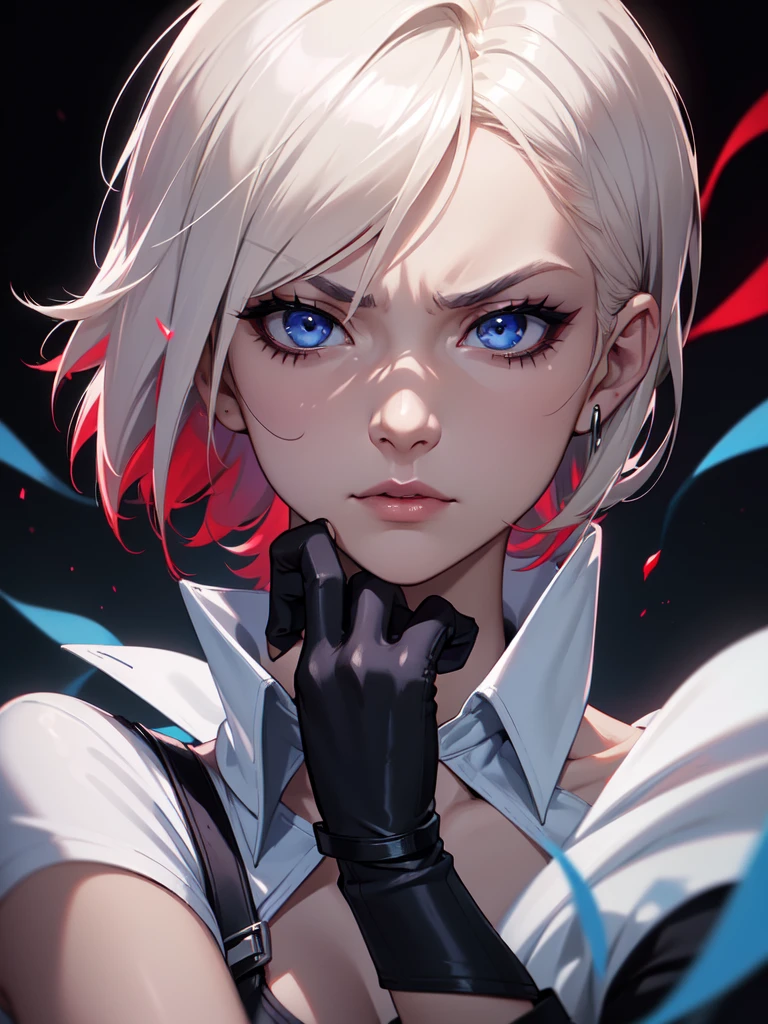 (((Portrait Photo))), She has the Appearance of a Fierce and Determined Middle-aged Woman, with an Athletic and Toned Build that Radiates Power and Agility. Her Short, Platinum Blonde Hair is Styled in a Chic Bob, Complementing Her Sharp and Striking Features. Her Sharp, Sapphire Blue Eyes Reflect a Mix of Confidence and Calculated Precision, Highlighting Her Tactical Mindset.Her Expression is Steely and Unyielding, with a Glint of Ruthless Determination in Her Eyes, Reflecting Her Warrior Spirit and Unbreakable Will. (((Portrait Photo))), (((Dark Background))), (((White Silk Shirt with Open Neckline and Rolled-Up Sleeves))), (((Fingerless Red Combat Gloves)))