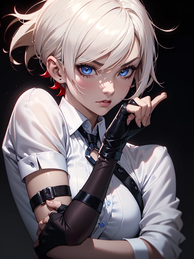 (((Portrait Photo))), She has the Appearance of a Fierce and Determined Middle-aged Woman, with an Athletic and Toned Build that Radiates Power and Agility. Her Short, Platinum Blonde Hair is Styled in a Chic Bob, Complementing Her Sharp and Striking Features. Her Sharp, Sapphire Blue Eyes Reflect a Mix of Confidence and Calculated Precision, Highlighting Her Tactical Mindset.Her Expression is Steely and Unyielding, with a Glint of Ruthless Determination in Her Eyes, Reflecting Her Warrior Spirit and Unbreakable Will. (((Portrait Photo))), (((Dark Background))), (((White Silk Shirt with Open Neckline and Rolled-Up Sleeves))), (((Fingerless Red Combat Gloves)))