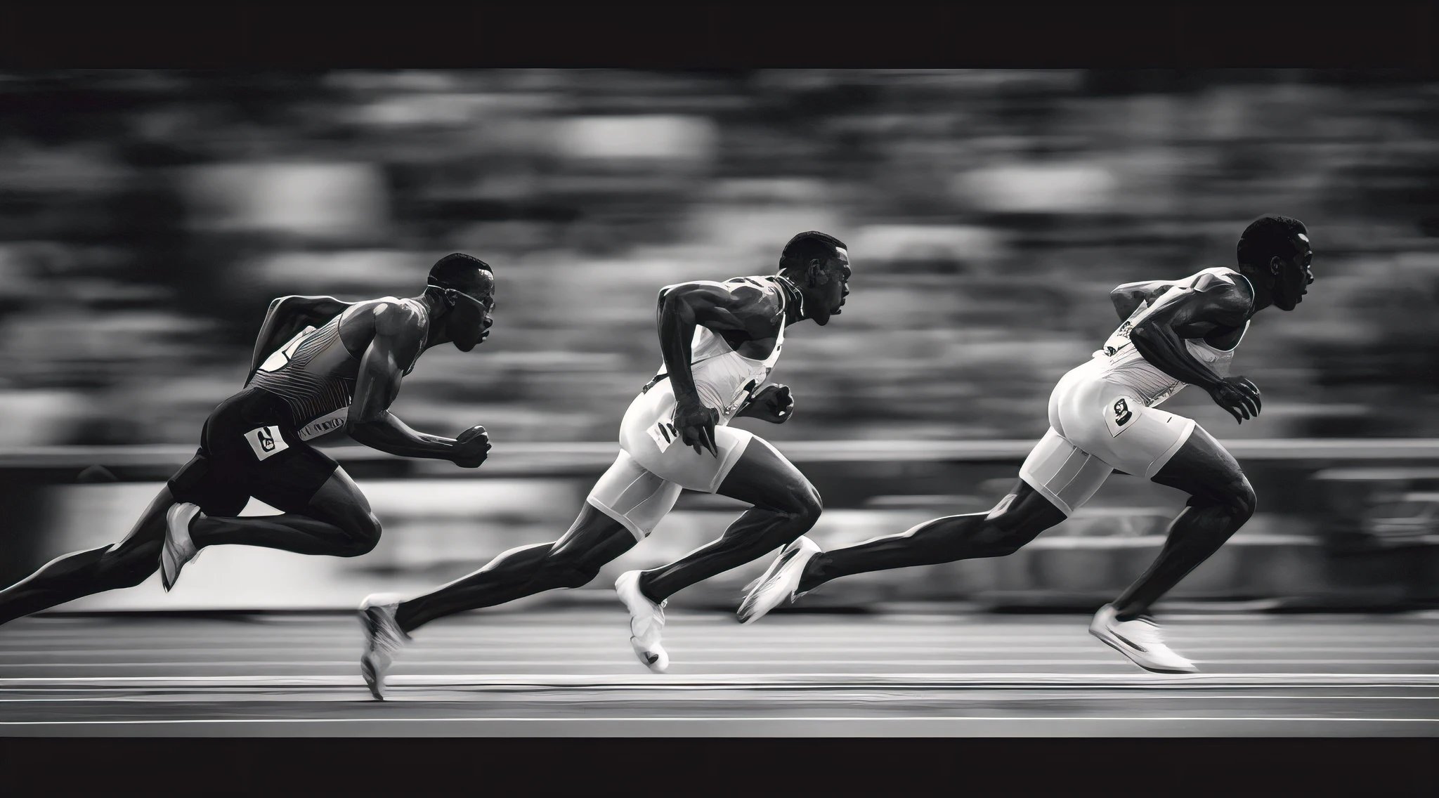 high quality,ultra-realistic,award winning editorial photography, men's 100m sprint finals at the olympic games, athletes in mid-sprint, dynamic motion blur, intense facial expressions, muscular physique, dramatic lighting, stadium crowd in background, cinematic composition