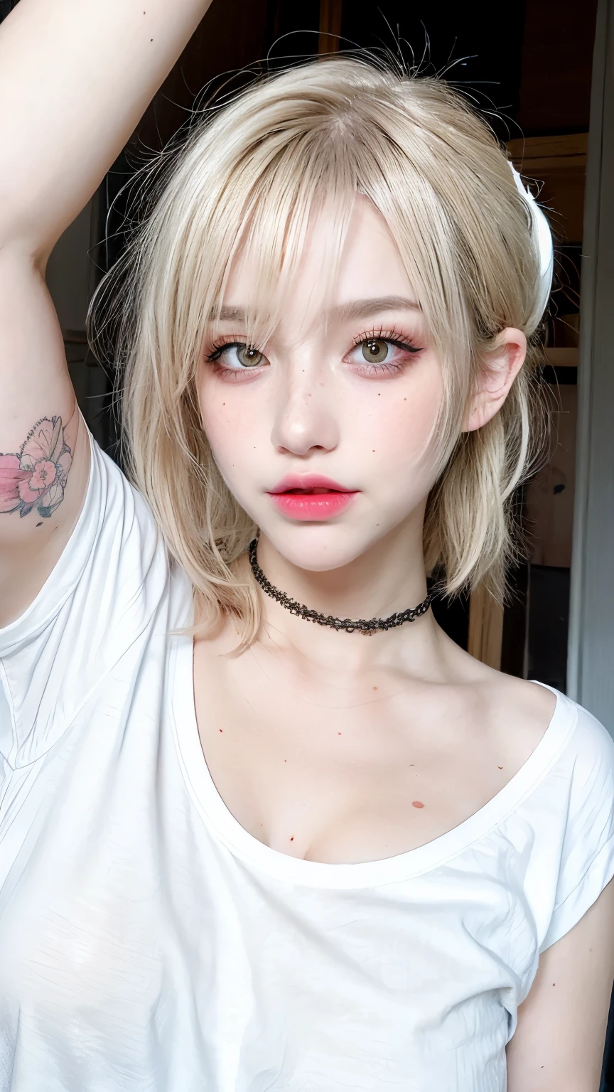 1 girl, Wink, blonde, freckles, Arm tattoo, Plain white t-shirt, choker, Natural light, Selfie