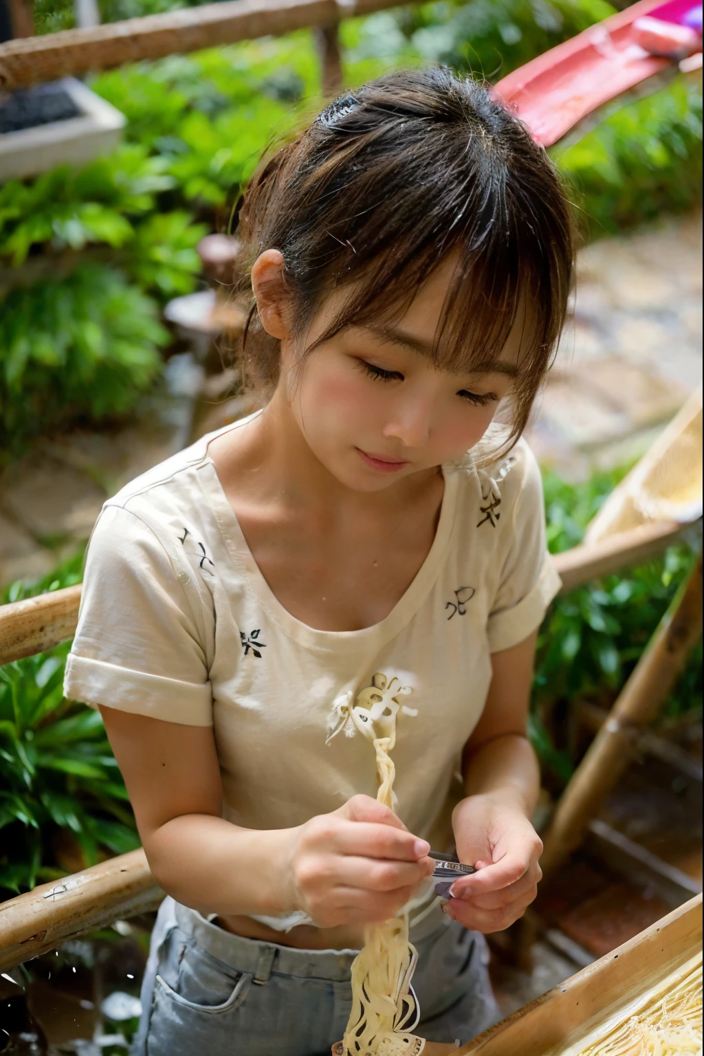 8K, RAW Photo, Best Quality, Masterpiece, Realistic, PhotoRealistic, Extremely Detailed 8K Wallpaper, (Beautifully Detailed Eyes), Finely Detailed Face, 
 BREAK 
High-Key Lighting, Professional Lighting, 
 BREAK 
Outside, Summer, 
nagashi_soumen, 1 Lady is Playing Somen Noodles:1.4, (Using Chopsticks), 
Somen Noodles are Flowing Down Slide with Running Water:1.6, 
Slide is Made of Bamboo, Thin Noodles, 
 BREAK 
Perfectly Anatomically Correct:1.2, 5 Beautiful Finger:1.2, 
 BREAK 
1 Lady, (22-Year-Old), Very Short Hair Bun:1.4, Japanese, Wide-Set Eyes, (Water Eye), Very White Skinned, Blush, Embarrassed, 
(Captivating Eye Reflections), Upturned Eyes, 
Brown Hair, Wet Hair, Peaceful, (Light Smiling:1.4), 
Wearing Marc Jacobs Off Shoulder Top + Marc Jacobs Shorts, 
(Looking Up Viewer:1.2), 
[Slightly Cleavage], 
 BREAK 
SFW:1.0, Non-Nipples:1.0, 
 BREAK 
((Soft Saturation, Soft Contrast)), Eye Focus, Bokeh:1.4