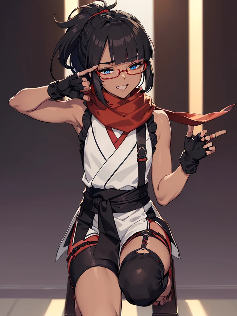 <lora:Yoshida_Akihiko_style_v01:0.8>, ultra detailed, masterpiece, best quality, aesthetic, detailed,, solo, frown,
1girl, red eyes, <lora:Tsurime3:1>, (tsurime:1.2), (brown hair:1.3), medium hair, (asymmetrical bangs, swept bangs, cowlick:1.35), flipped hair, <lora:foldedponytail:0.8> foldedponytail, folded ponytail, (small breasts:1.3),, fingerless gloves, shimenawa hair tie, sleeveless turtleneck, crop top, groin, (shimenawa:1.3), (shimenawa sash:1.3), (overskirt:1.2), shorts, flats, bandages, bandaged arm, bare legs, navel,