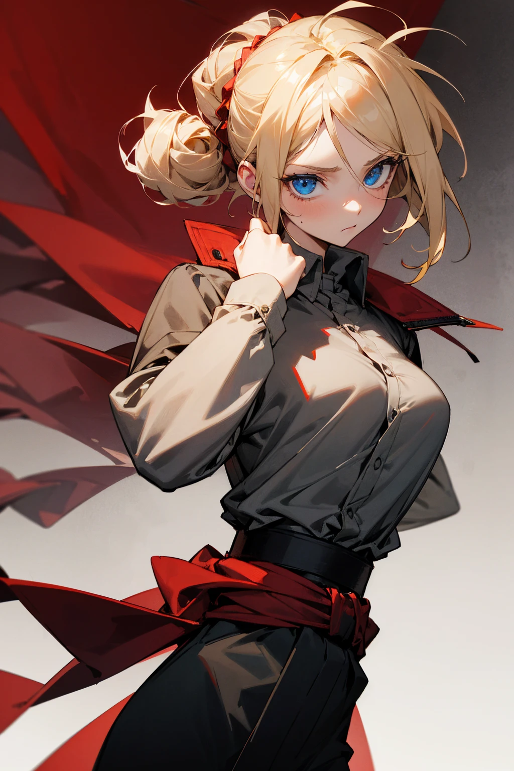 1female, blonde hair, messy updo, blue eyes, somber expression, blackundershirt, red overcoat, red baggy joggers, black cloth belt, shirt tied around waist, foggy background, hands to side, detailed face