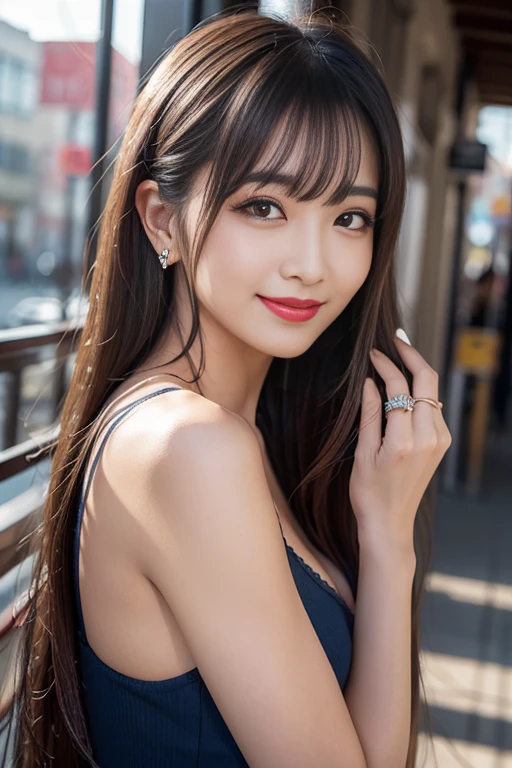 (((Real beauty))), RAW Photos, Black Hair、folder、Round eyes、False eyelashes、Straight hair, correct、Pink lipstick、Striped Hair、Brown Hair、Blue Hair、(Dark blue hair)、(Gradient Hair)、Asymmetrical hair、Hair behind the ear、Crossed bangs、Long Hair、(お尻までLong Hair)、Long Hair、Straight bangs、Smooth, Silky Hair、Hair up on one side、とんでもなくLong Hair、Light brown eyes、Ring Eye、Round eyes、Wicked Smile、A light smile、Cast a Shadow、(Extraordinary presence)、Atmospheric perspective、Backlight、Exposure、Lens flare、、最high quality、超High resolution、超High resolution、Very realistic, masterpiece、correct、Textured skin、high quality、最high quality、Awards、32K, 髪のfolder、Crafty、A light smile、Embarrassed laugh、Redness in the ears、correct、Subjective、Shine、360° View、Very detailed、超High resolution、解剖学的にcorrect、masterpiece、Accentuate your breasts、High resolution、Attention to detail、Long eyelashes、A slight blush、Compensate, (((Full Body Shot)))、Arms raised pose、Shooting from a distance、Different angles of view、