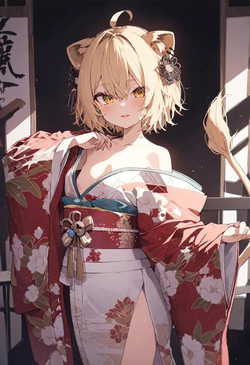 masterpiece、highest quality,Very detailed, Absurd beauty、(1 beautiful girl、Medium Hair、blonde、Very ample breasts)、Keep your head small、Flower pattern kimono、Oran Style、Accentuate your cleavage、Shoulder、A cloth wrapped around the bottom of the kimono、Holding a red Japanese umbrella、smile、Shyness、Japanese-style room