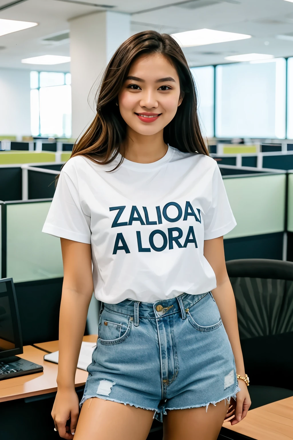 The girl is in an office called Zalora and is wearing a shirt that says ZALORA