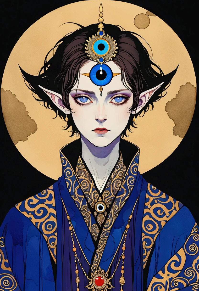 (((Harry Clark (Harry Clarke) style,圣地亚哥·卡鲁索style))),Watercolor,(((The third eye on the forehead。short hair,Pointed ears,robe))),Wide Angle,Black and blue,Solid color background