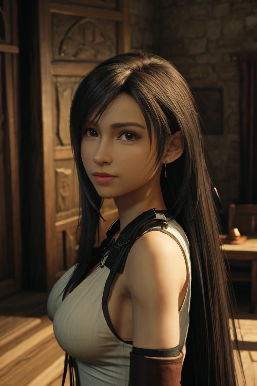 Tifa Lockhart in medieval fantasy clothes, 3D art against a medieval background 