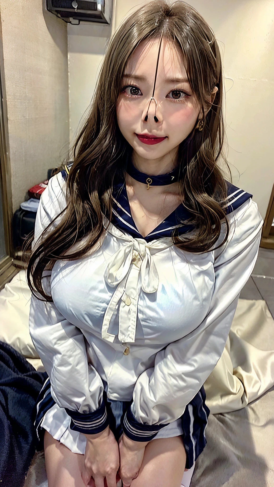 ((masterpiece:1.2、Highest quality、Tmasterpiece))、1 female、alone、classroom、Day、(Korean Idol:1.2)、(Are standing:1.4)、blonde、(amount:1.4)、Wavy Hair、Medium Hair、((Hair on one eye:1.5))、Beautiful feet、break、(Sailor suit:1.4)、(Day焼けした肌:1.4)、(Big Breasts:1.5)、(Black Stockings)、Hoop Earrings、corset、lipstick、Pleated mini skirt、Ring Choker、blush、smile、Covered breasts、(Thick lips:1.2)、Detailed body、Very detailed絵画, Luminism、4K resolution、3D Rendering、Exquisitely crafted , Cinematic、Realistic、Hit definition、Abstract Beauty、Approaching perfection, Pure Form, Golden Ratio、Very detailed, Digital photography, Soft natural light, 50mm lens, 1 1 1.8 openings、blush、Small face、Narrow waist
