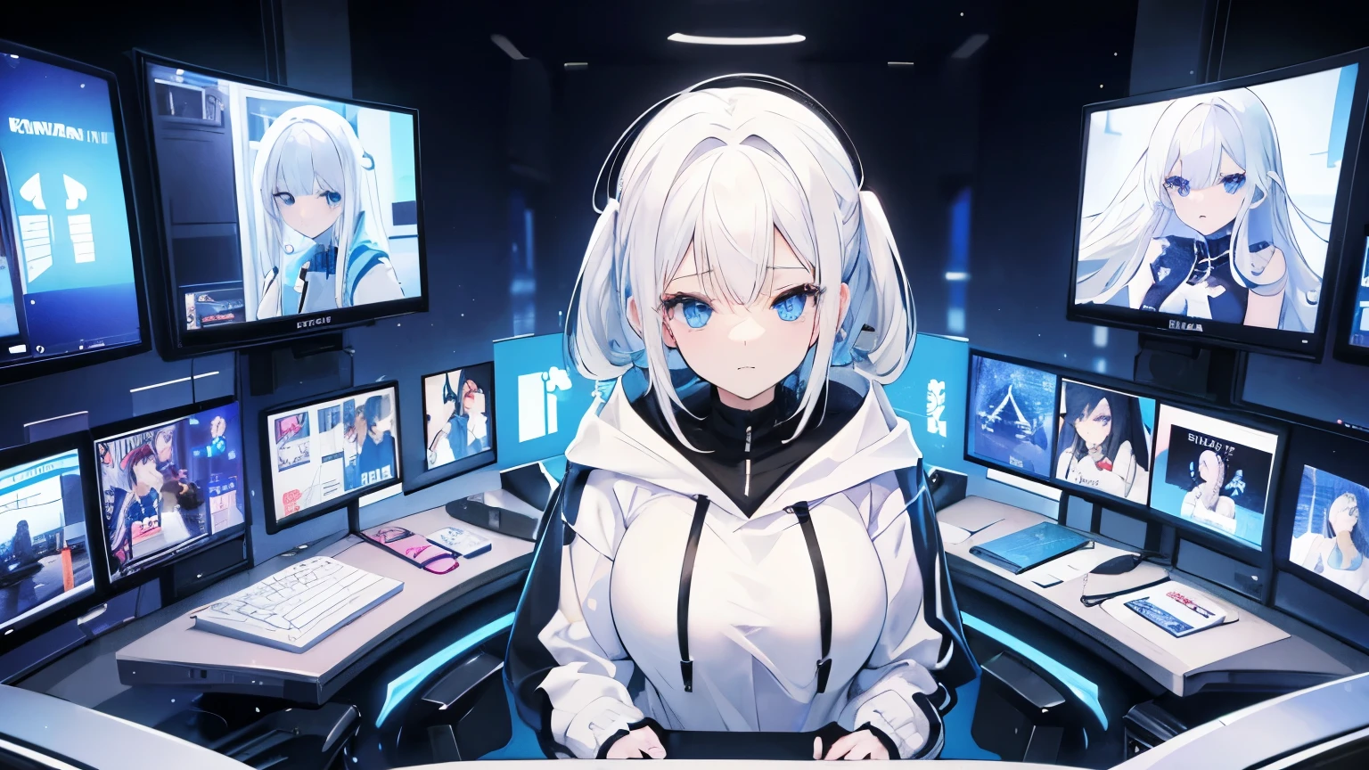 25 years old anime lady with white hair and blue eyes wearing white hoodie and black skirt in. huging knees sad in front of a gaming computer that stream youtube. made this picture for the cover of an idol song single. make it dreamy vibes