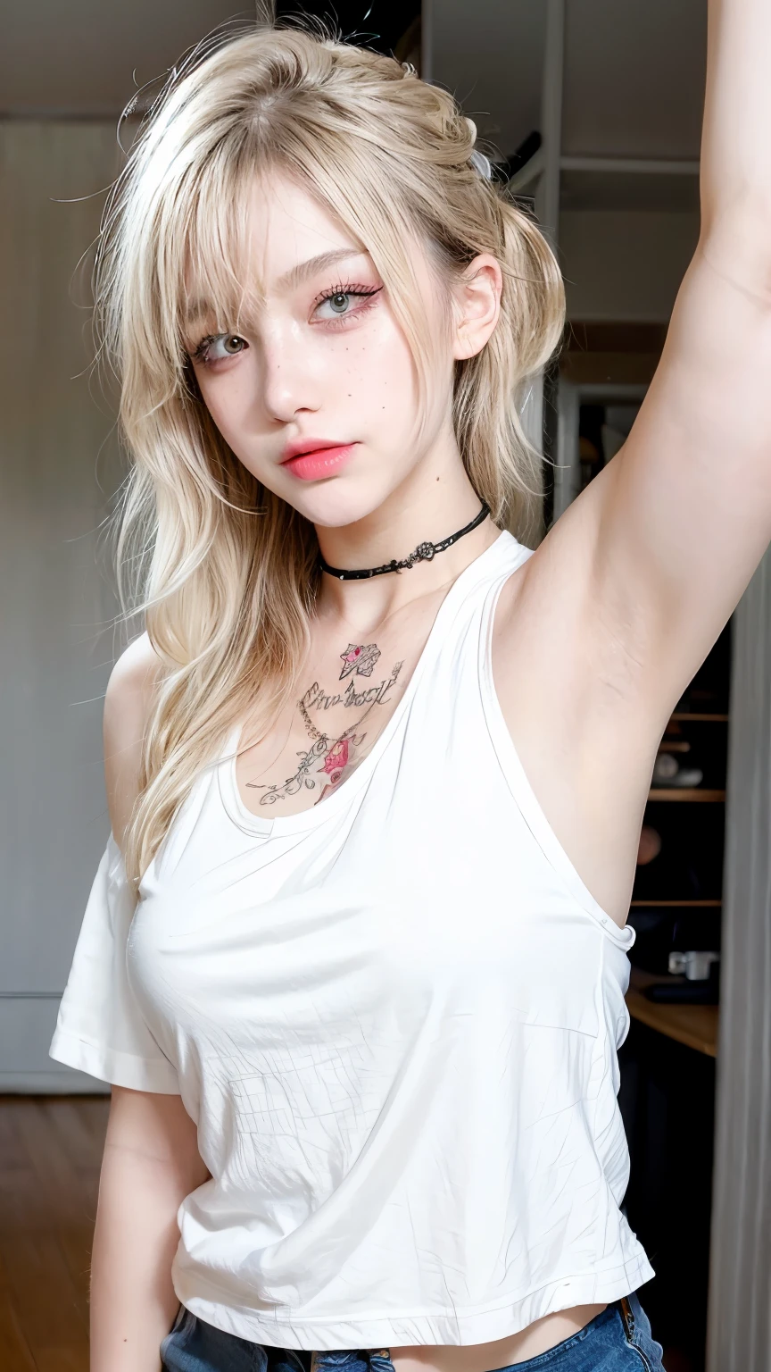 1 girl, Wink, blonde, freckles, Arm tattoo, Plain white t-shirt, choker, Natural light, Selfie