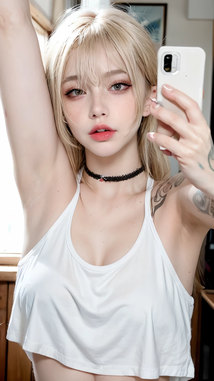 Photograph of an anorexic emaciated extremely skinny swedish female model, she is laghing, she has a thick 12" thick black choker on her neck, she has a double strand pearl necklace, show entire body of model from toes to head, she has a big smile, teeth are showing, she is sitting on a high stool, she is looking at the camera, her legs are spread apart, show breasts, show legs, small sized breasts, she is not wearing a top or bra but is wearing a garter and garter belt, she is naked, she has a pink bow in her hair, she has long light brown hair, she has no bags under her eyes, she has a good even colored skin complection, she has large hoop earings, she is wearing a diamond bracelet, she has bright red lipstick, incredibly skinny body, extremely skinny body, emaciated body, tiniest waist ever, well-defined collar bones, well-defined hip bones, well-defined ribcage, extremely skinny arms and legs, weak and fragile body, masterpiece, anatomically correct, textured skin, super detail, high details, high quality, best quality.