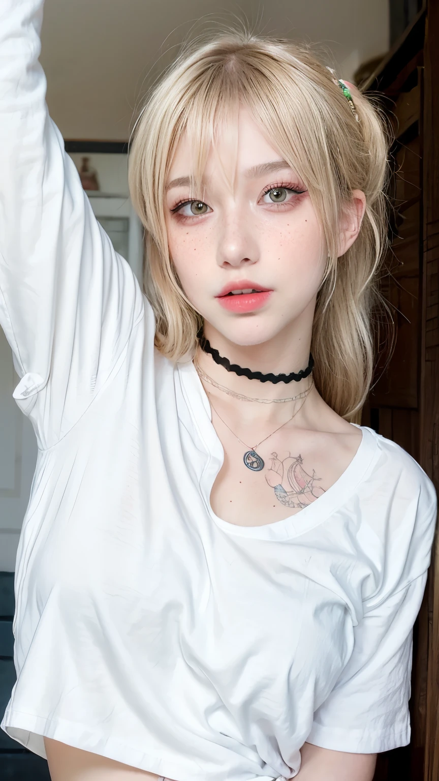 1 girl, Wink, blonde, freckles, Arm tattoo, Plain white t-shirt, choker, Natural light, Selfie