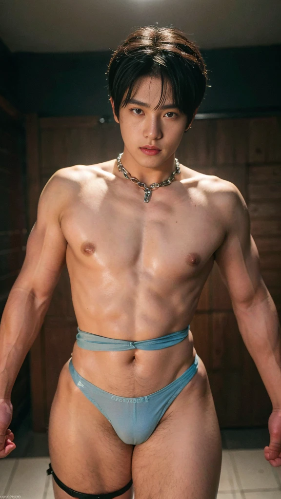 (masutepiece,High resolution,ultra - detailed:1.0),1(Boy,Robot Boy),Perfect male body,Look at the camera,Delicate eyes and delicate face,extremely details CG,Unity 8k Wallpaper,intricate-detail,solo person,Detailed face, ( tight body harness , string thong , tight skindetation , tight fishnet stocking), Best Quality, hands visible, extra short hair:1.5 , full length shot(fls) , insane details, hyper details , photorealistic , only male , 16k resolution , ultra-high clarity , hyperrealism, uhd,. K-pop idol, swollen nipples , grins , thick thighs, masculine boy , manly face , ((unrealistic wide hips , unrealistic wide pelvis )) , ((small waist , narrow waist)) ,tight , very tight leotard , sleeveless, This photorealistic portrait combines the style of National Geographic., Capture every detail of his textured skin in 8k resolution. Leica digital SLR camera. His features were clearly visible., From the deep-set eyes to the chiselled jawline., Make this image a true masterpiece..Lift. (8K UHD、RAW Photography、Photorealistic Portrait Leica Digital SLR、Lifelike images)