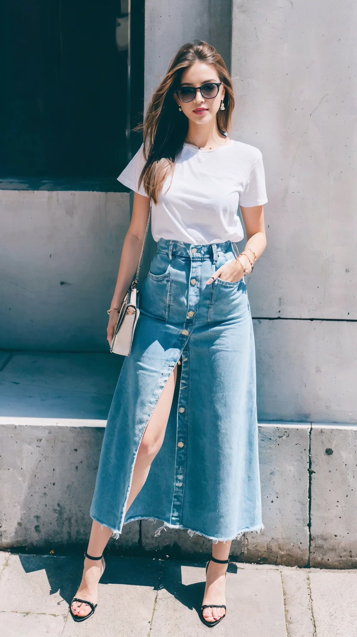 ((Highest quality, 8k, masterpiece:1.3、real:1.3))、Beautiful woman、snapshot、full body、sunglasses、City、Denim long skirt　slit、In front of the wall