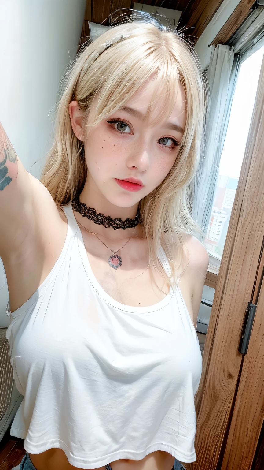 1 girl, Wink, blonde, freckles, Arm tattoo, Plain white t-shirt, choker, Natural light, Selfie